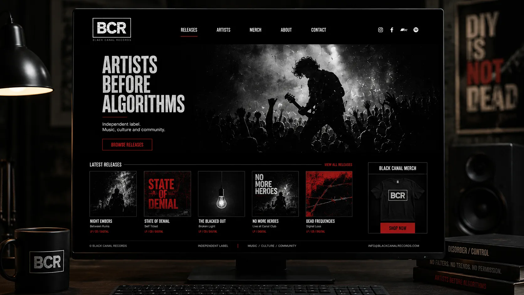 Black Canal Records — mockup digital desktop