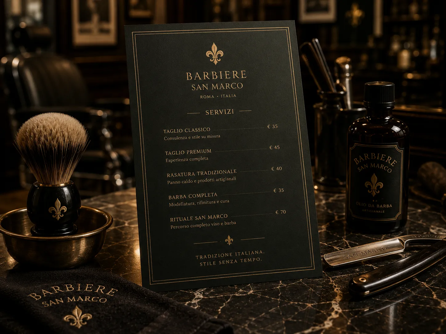 Barbearia San Marco — mockup principal de identidade visual