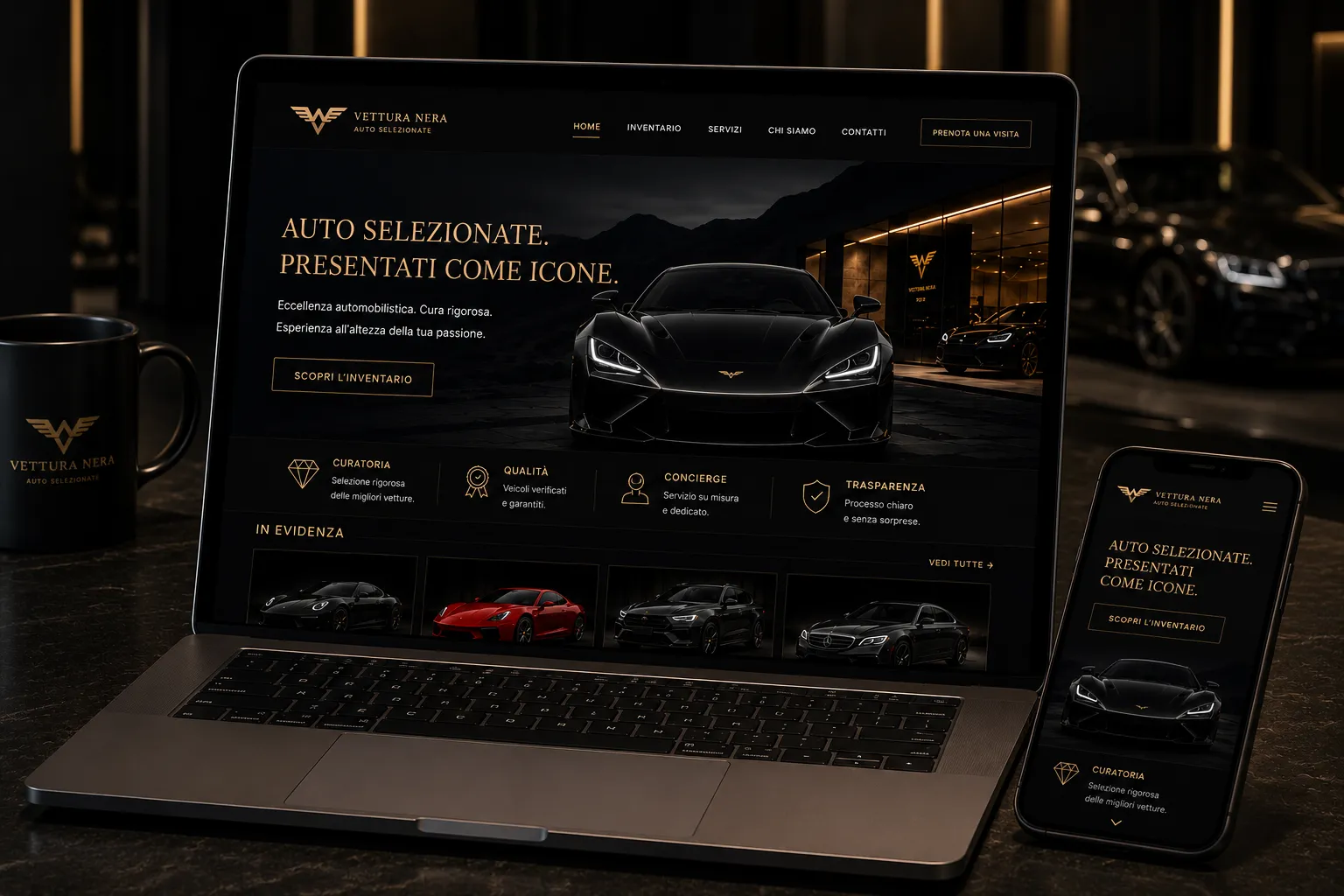 Vettura Nera — desktop digital mockup